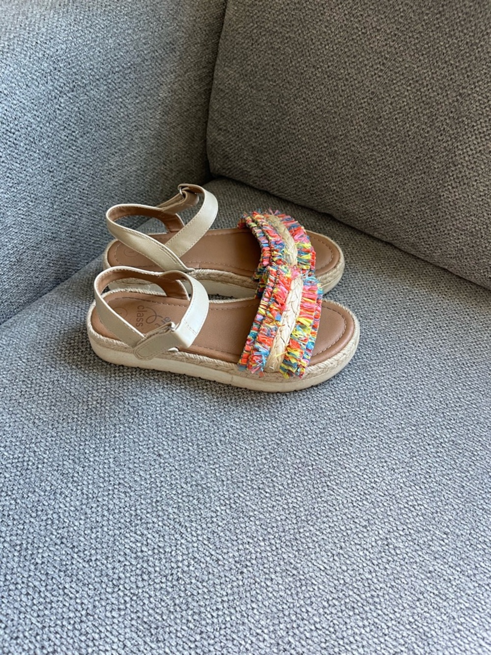 Girl’s Cream Sandals with Multicolor Fringe Strap
